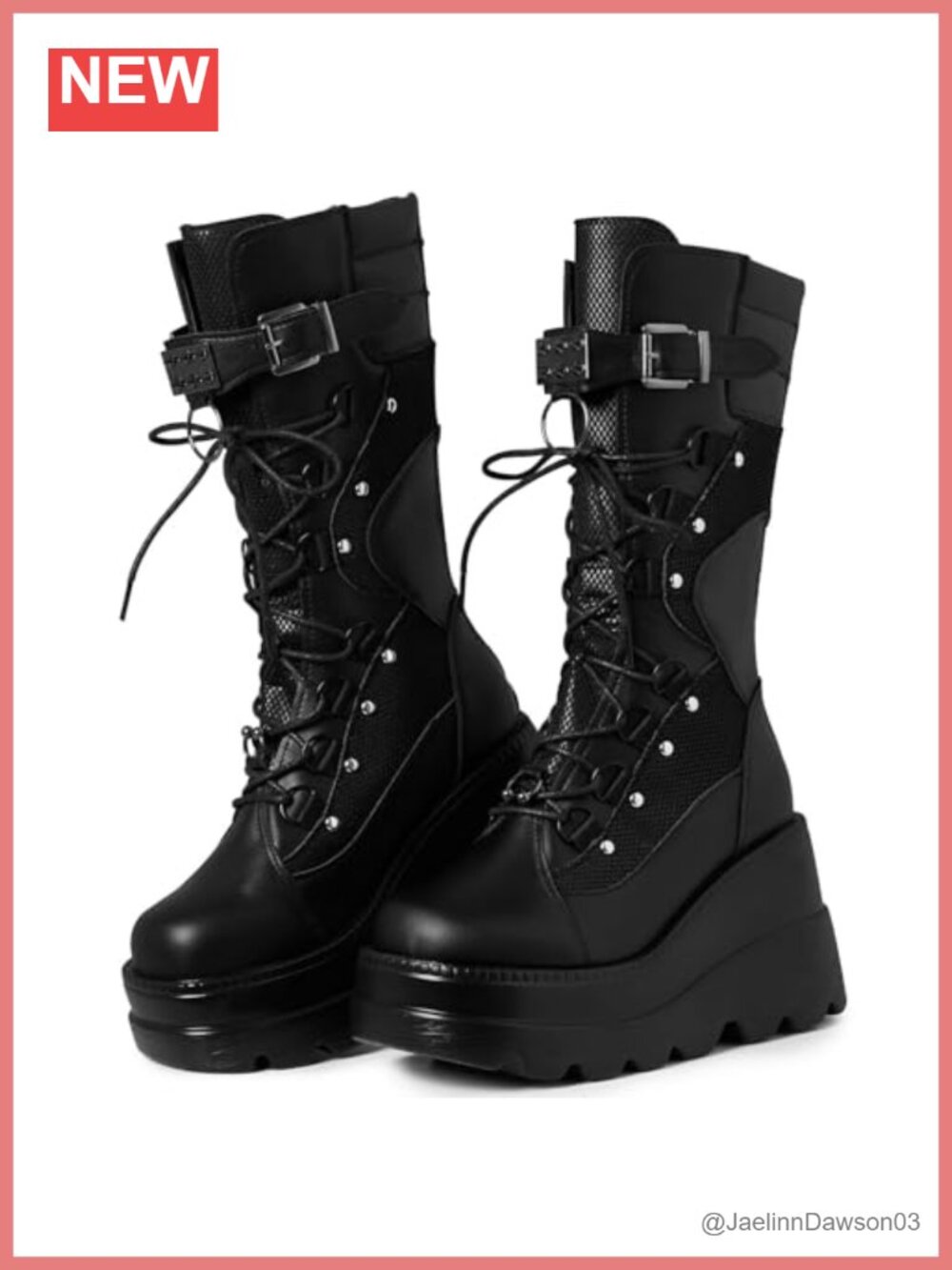 Women's Platform Mid Calf Boots PU Leather Goth Rave Lace-Up Wedge Heel